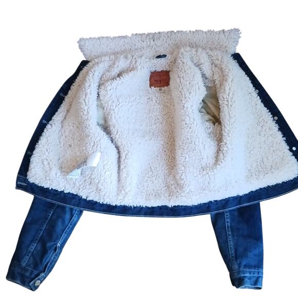 LEVI'S Denim Jacket Sherpa Woman's Sz XS Blue Short Cropped Fleece Jean Western - Picture 4 of 16